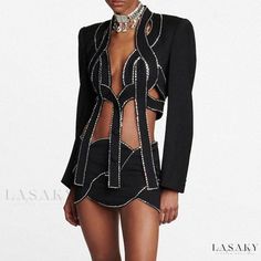 Lasaky - Elegant Crystal-Embellished Rope Detail Low Waist Bodycon Cutout Crop Blazer Coordinated Ensemble Long Sleeve Outfit, Long Sleeve Outfits, Middle Age Fashion, Crop Blazer, Blazer Set, Full Dress, Skirt Mini, Woman Silhouette, Cropped Blazer