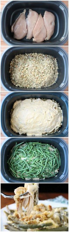 four pans filled with green bean casserole next to each other on top of a table