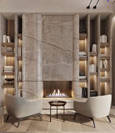 a living room with two chairs and a fire place in the center, surrounded by bookshelves