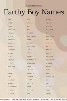 the ultimate list of earthy boy names on a white and pink background with lots of bubbles