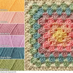 the crochet square is shown in different colors