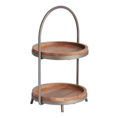 two tiered wooden tray with metal handles