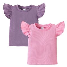 PRICES MAY VARY. 💕 Girls shirts: OPAWO girls t shirts are made of 95% polyester and 5% spandex, these toddler girl shirts are super soft and breathable, comfortable and stretchy. Suitable for spring, summer, fall and winter wear, machine washable 💕 2-pack toddler girl t shirts: Package includes 1 girls purple shirt & 1 girls pink shirt, solid color toddler shirts is suitable for all kinds of combinations and occasions 💕 Designed for girls: Ruffle sleeves girls tank tops, ribbed fabric to keep Cute Solid Color Summer Tops, Cute Ruffled Solid Color Tops, Cute Solid Tops With Ruffles, Cute Solid Color Tops With Ruffles, Cute Purple Top With Ruffles, Playful Short Sleeve Top, Cute Summer T-shirt With Ruffle Sleeves, Cute Pink Ruffle Sleeve Top, Playful Pink Ruffled Tops