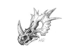 a drawing of a dragon's head with long horns and sharp fangs on it