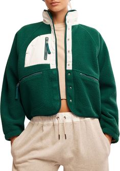 Perfect to layer over activewear or streetwear, this fleece jacket features a button-up front with cool zippered pocket details. Fit & Design: Easy, slouchy silhouette that hits right at the waist Fuzzy fleece, warm with room to layer underneath Nylon patches Nipper pockets Button-front closure Elastic cuffs Green Fleece Outerwear With Pockets, Green Fleece Jacket With Fleece Lining For Sports, Sporty Green Fleece Jacket For Winter, Sporty Green Track Jacket With Pockets, Sporty Green Winter Fleece Jacket, Green Athleisure Outerwear With Pockets, Functional Green Fleece Jacket With Long Sleeves, Functional Green Fleece Jacket, Functional Long-sleeved Green Fleece Jacket