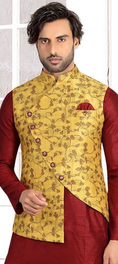 Yellow color Nehru Jacket in Jacquard fabric with Printed work Mens Indian Wear, Reception Lehenga, Woven Art, Fancy Buttons, Nehru Jacket, Utsav Fashion, Man Weave, Nehru Jackets, Looking Dapper