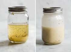 two jars filled with liquid sitting on top of a white counter next to each other