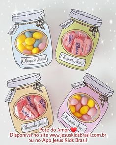 four jars with candy in them on a table