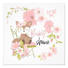 a baby shower card with pink flowers and a cute fox on a lawnchair