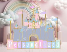 a castle with the word personalized spelled out in front of it and rainbows