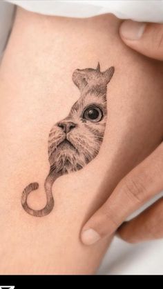 a cat tattoo on the side of a woman's stomach, with an upside down tail