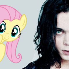 a woman with long black hair next to a pinkie pie face and an image of a pony