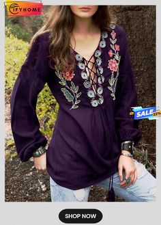 Loose Vintage V Neck Tunic Blouse Bohemian Blouses, Popular Dresses, Bohemian Floral, Printed Drawstring, Women Shirts Blouse, Bohemian Clothes, Shop Blouses, Moda Casual, Women's Fashion Dresses