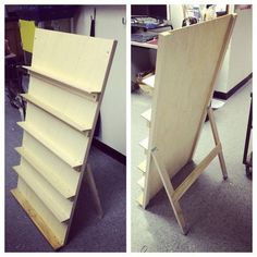 two pictures of an easel in the process of being made and then finished with plywood