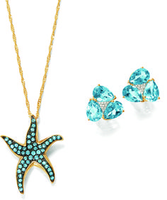 From the shores of the deep blue, these jewels shimmer with blue topaz gemstones. The starfish pendant is set in 14kt yellow gold over sterling silver with black rhodium which makes the gemstones really pop. Pear-shaped gem topaz gems get an added touch of sparkle from brilliant-cut diamond centers. These pieces are shore to put you in a seaside state of mind! Item no. 832535, 824054 Starfish Pendant, Fabulous Jewelry, Black Rhodium, Topaz Gemstone