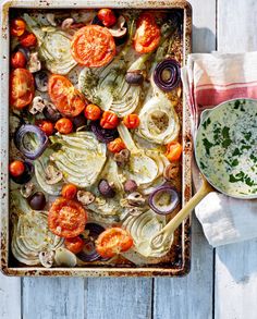 an overhead view of a baking dish with vegetables