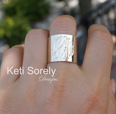 "Large tube ring with hand engraved personalized initials. Initials will be etched int the metal by out talented jewelers. Available in yellow gold, rose gold or white gold overlay. Simple and stylish large monogram ring. Design by: Keti Sorely Metal: - Brass with yellow gold overlay - Brass with with 14K rose gold overlay - Brass with with Platinum overlay (Rhodium) - 14K gold filled (Yellow or white) - 10K solid gold - 14K solid gold Ring size: 5 to 12 Ring width - 3/4\" 1-3 letters only. ---- Ring Initials, Silver Monogram, Monogram Ring, Monogram Jewelry, Jewellery Gold, Gold Overlay, Initial Ring, Wide Band Rings, Personalized Initials