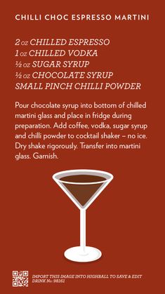 the chocolate martini recipe is shown in red and white, with instructions for how to make it