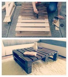 two pictures side by side, one with a coffee table and the other with a bench made out of pallets