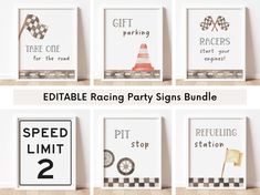 eight race signs are displayed on the wall next to each other in different styles and sizes