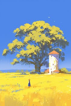 a painting of a person standing in a field next to a large tree with yellow leaves