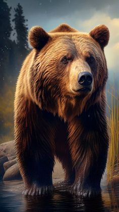 a painting of a brown bear standing in the water