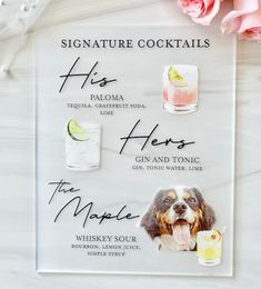 a sign that has different types of cocktails on it with flowers in the background