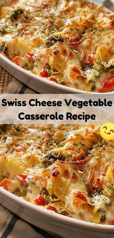 two pictures of a casserole dish with cheese and vegetables