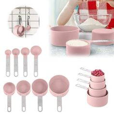 pink kitchen accessories including measuring spoons, mixing bowls and utensils for baking