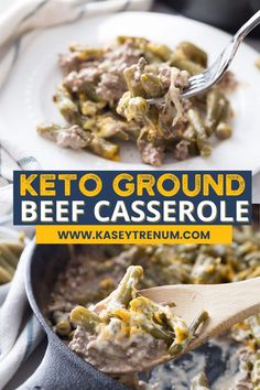 keto ground beef casserole in a skillet with a wooden spoon on the side