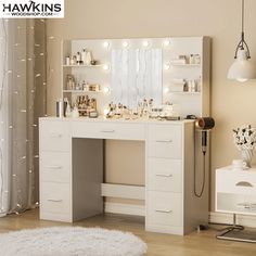 a white vanity with lights on it in a room