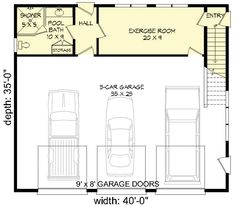 the garage floor plan is shown with three cars