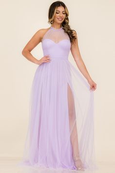 Introducing the HALTER NECK TULLE DOUBLE SLITS MAXI dress! Crafted with 100% polyester and featuring two subtle, elegant slits, this tulle maxi is the perfect combination of comfort and style. Discover your inner goddess and feel confident while making a statement at any event. What are you waiting for? Let the HALTER Lavender Dress For Wedding And Prom Season, Sleeveless Lavender Evening Dress For Prom, Lavender Fitted Evening Dress For Prom, Fitted Lavender Evening Dress For Prom, Lavender Evening Dress For Prom Season, Lavender Evening Dress For Prom, Lavender Gown For Prom Season, Fitted Lavender Dress For Wedding, Purple Gown For Debutante Ball In Spring