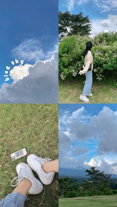 a person standing on top of a grass covered field next to trees and clouds in the sky