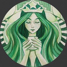 a painting of a woman with green hair and a crown on her head holding a cup