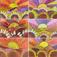 four pictures of sunflowers with different colors and patterns on them, one is drawn in