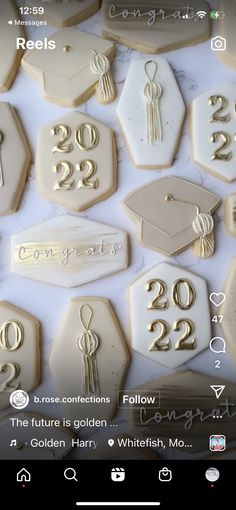 cookies decorated with graduation caps and tassels are displayed on a white background that says congratulations