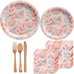 an assortment of pink and blue paper plates, forks, spoons and utensils