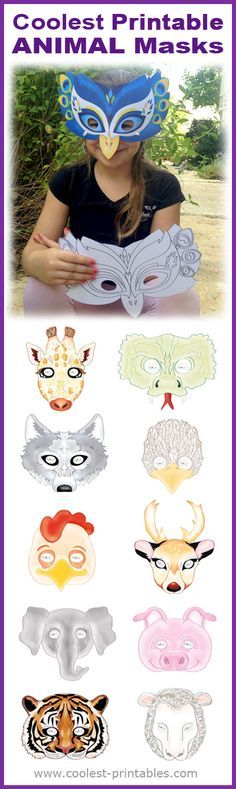 a girl wearing a mask with different animal masks on her face and the words cool & free printable animal masks for halloween