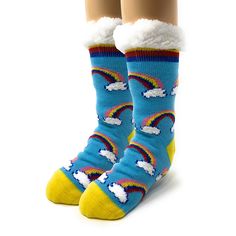 Somewhere over the rainbow with these super soft kid's sherpa slipper socks from our partners at Oooh Geez! Slippers. Stay warm & look great with your new rainbow themed blue & yellow novelty slipper socks. Wear them around the house or out and about thanks to the non-skid rubber bottom. Pick up a pair today!InfoStyle: Sherpa slipper sock with non-skid rubber bottom sole. Size: Fits youth/kid's U.S. shoe size 1 - 5. Material: 100% super soft Sherpa Care: Machine wash cold with no bleach and hang Yellow Slippers, Somewhere Over The Rainbow, Youth Shoes, Kids Slippers, Designer Slippers, Cozy Socks, Happy Days, Slipper Socks, Kids Socks