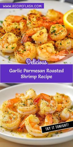 garlic parmesan roasted shrimp recipe on a plate with lemon wedges and garnish