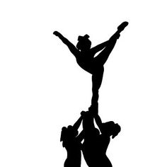 three people are standing on top of each other with their arms up in the air