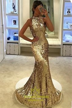 Sparkly Elegant Sequin Floor Length Sleeveless Mermaid Evening Dress Sequence Dress Long, Fishtail Prom Dress, Gold Sequence Dress, Formals Dresses, Paris Prom, Sweep Train Prom Dress, Matric Dance, Gold Prom, Prom Dresses Elegant