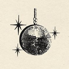 a black and white drawing of a disco ball hanging from a chain with stars around it