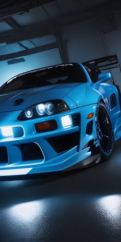 a blue sports car parked in a garage with lights on it's headlamps