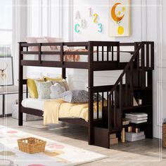 a bunk bed with stairs in a child's room