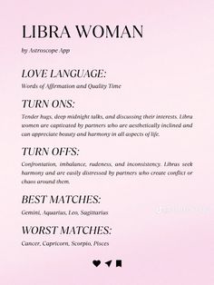 a pink poster with the words libra woman written in black and white on it