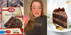 there is a collage of photos with cake and coffee on the table, and a woman holding a fork in front of a piece of chocolate cake