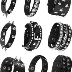 9 Pieces Spiked Studded Bracelet Black Leather Rivet Punk Bracelet Cuff Wrap Bangle Snap Button Metal Wristband For Men Women Black Rock Style Wristband As Gift, Metal Studded Bracelets For Concerts, Metal Studs Bracelet For Concerts, Metal Stud Bracelets For Concerts, Metal Bracelets With Studs For Concerts, Edgy Adjustable Cuff Bracelet For Concerts, Edgy Adjustable Cuff Bracelet For Concert, Adjustable Edgy Cuff Bracelet For Concert, Gothic Silver Jewelry With Rivets