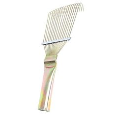 a metal comb that is sitting on top of a white surface with the handle extended